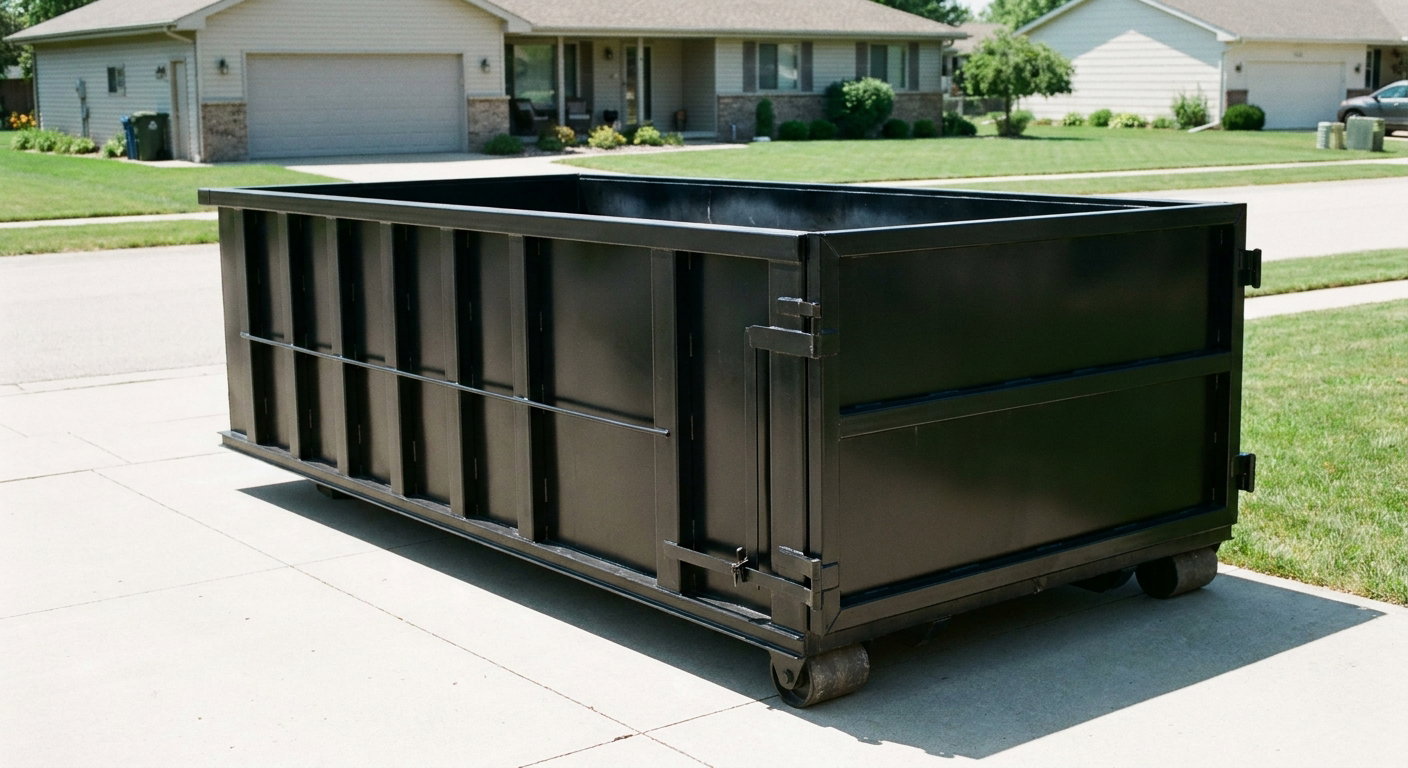 Matte-black 10-yard roll-off dumpster on a residential concrete driveway in Coeur D'Alene, uniformly painted matte black across every panel and rail, ribbed steel sidewalls and rear swing door visible, mid-day daylight.
