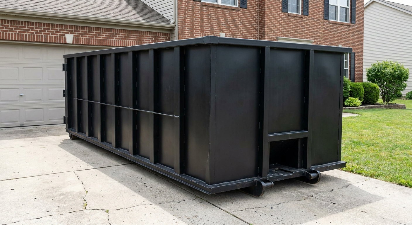 Matte-black 20-yard roll-off container on a Coeur D'Alene residential concrete driveway with reinforced ribbed steel sidewalls and a hinged rear walk-in door, clean bright daylight.