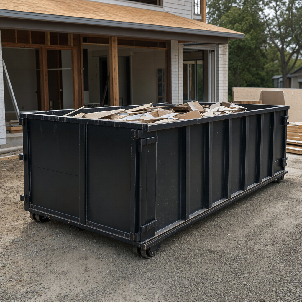 Large matte-black 30-yard construction roll-off dumpster at an active Coeur D'Alene jobsite, steel-gray top rails and bottom rollers visible, loaded with construction debris.
