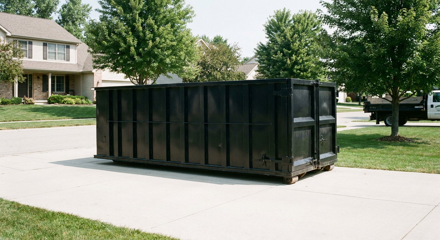 Matte-black 20-yard roll-off dumpster sitting level on a clean Coeur D'Alene residential concrete driveway under bright daylight, demonstrating clean placement directly on the concrete.