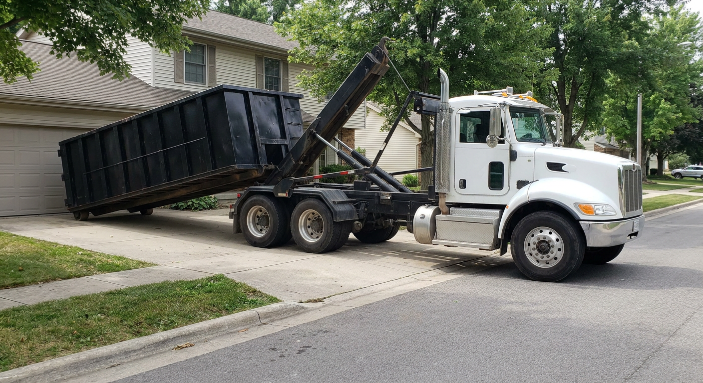 White-cab hooklift roll-off truck actively lowering a matte-black dumpster onto a Coeur D'Alene residential concrete driveway, the dumpster's rear wheels touching the driveway as the hoist arm tilts the bed forward, mid-morning daylight.
